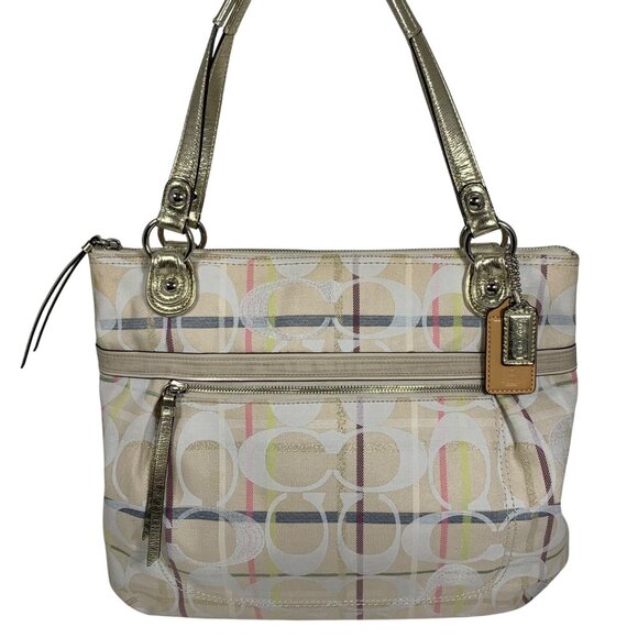 COACH Poppy Signature Ivory Gold Tattersall Sequined Glam Tote Purse 19867 - Picture 2 of 16